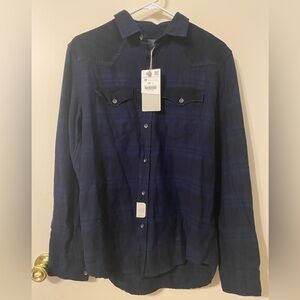 Zara Man 1975 Original Denim Dark Navy Plaid Distressed Button-Down Top